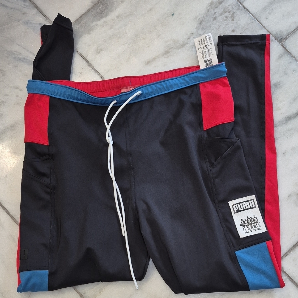Puma Black Track Pants with Red and Blue Accents